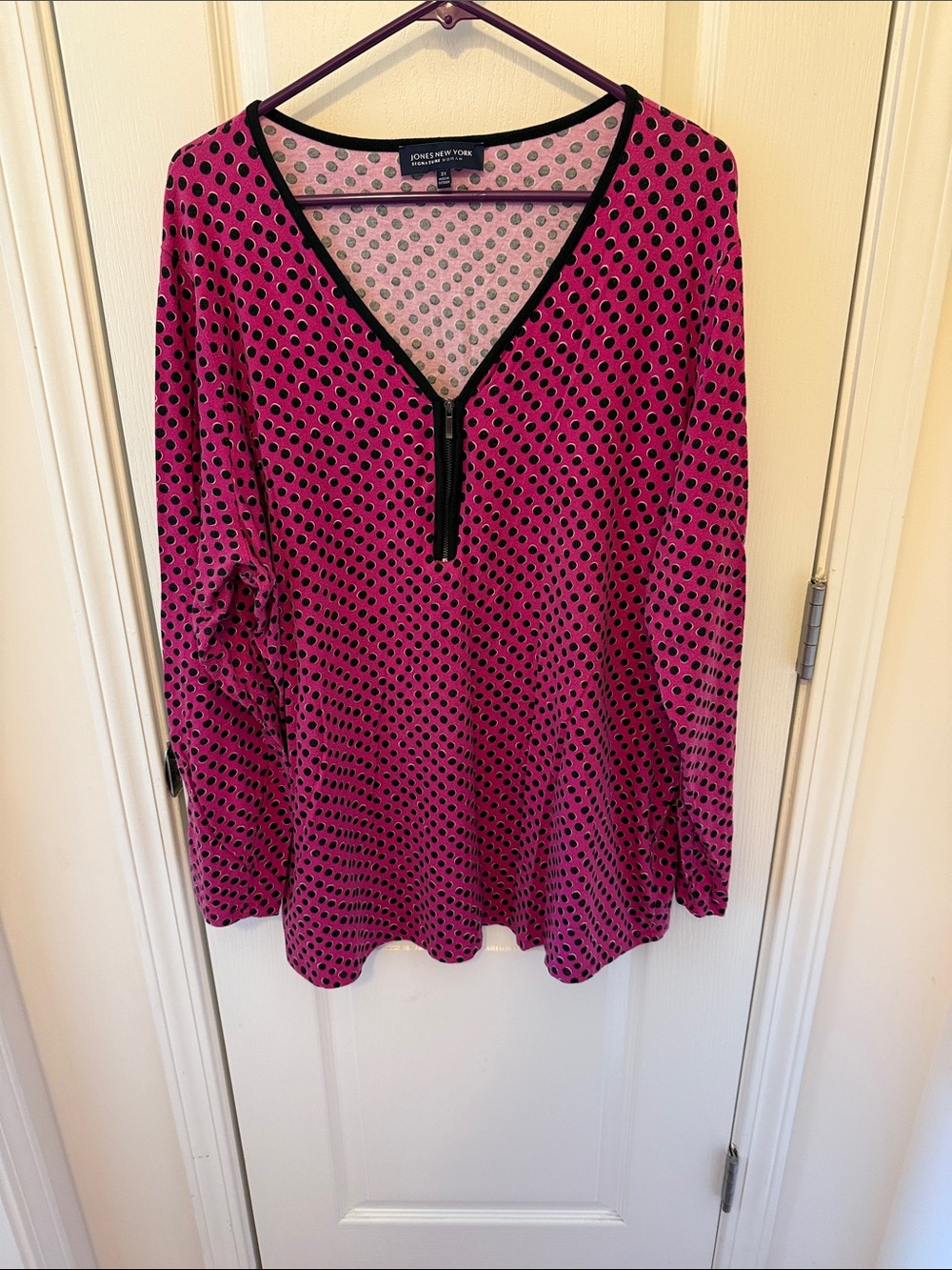 Jones New York Fuchsia Polka Dot Long Sleeve Top with Zipper detail at neck -3X